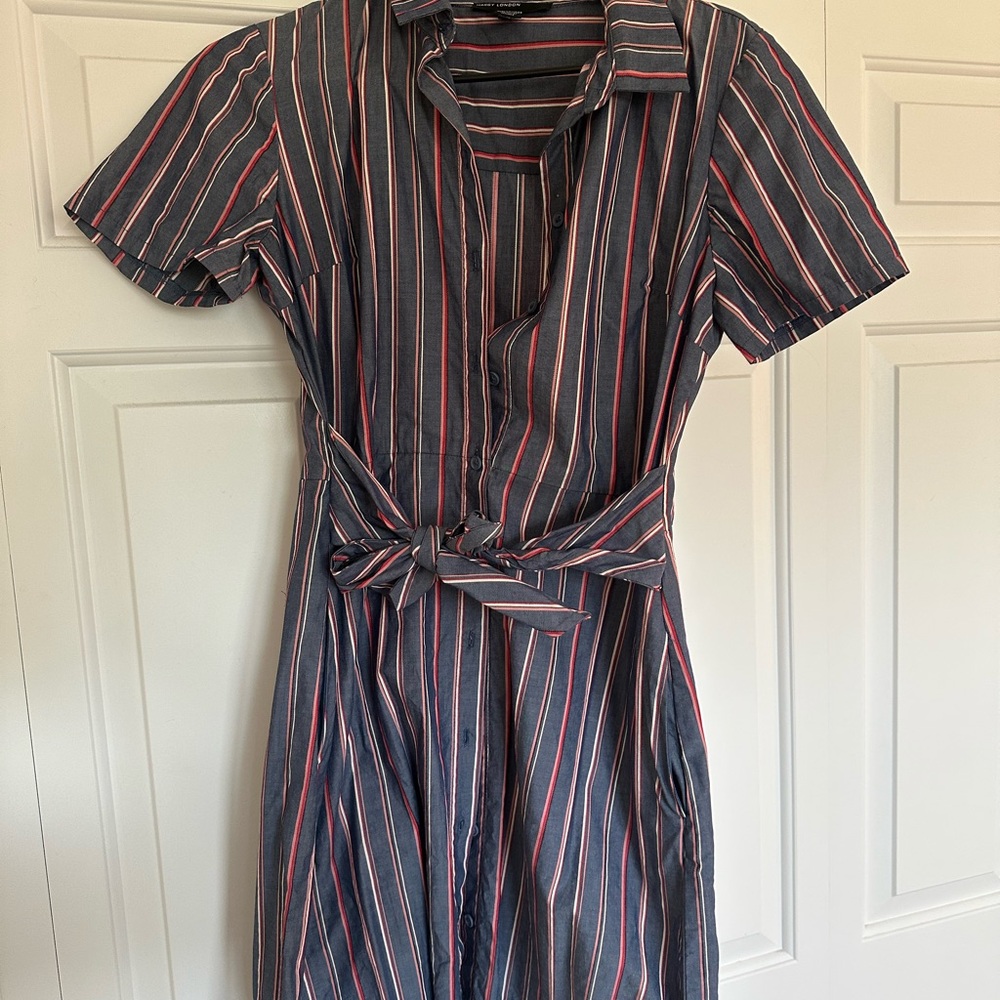 Maggy London Blue and Red Buttoned Tie Front Midi Dress